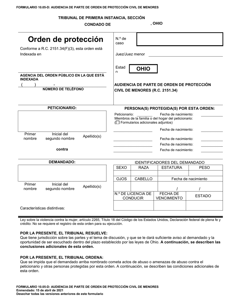 Formulario 10.05-D Audiencia De Parte De Orden De Proteccion Civil De Menores - Ohio (Spanish), Page 1