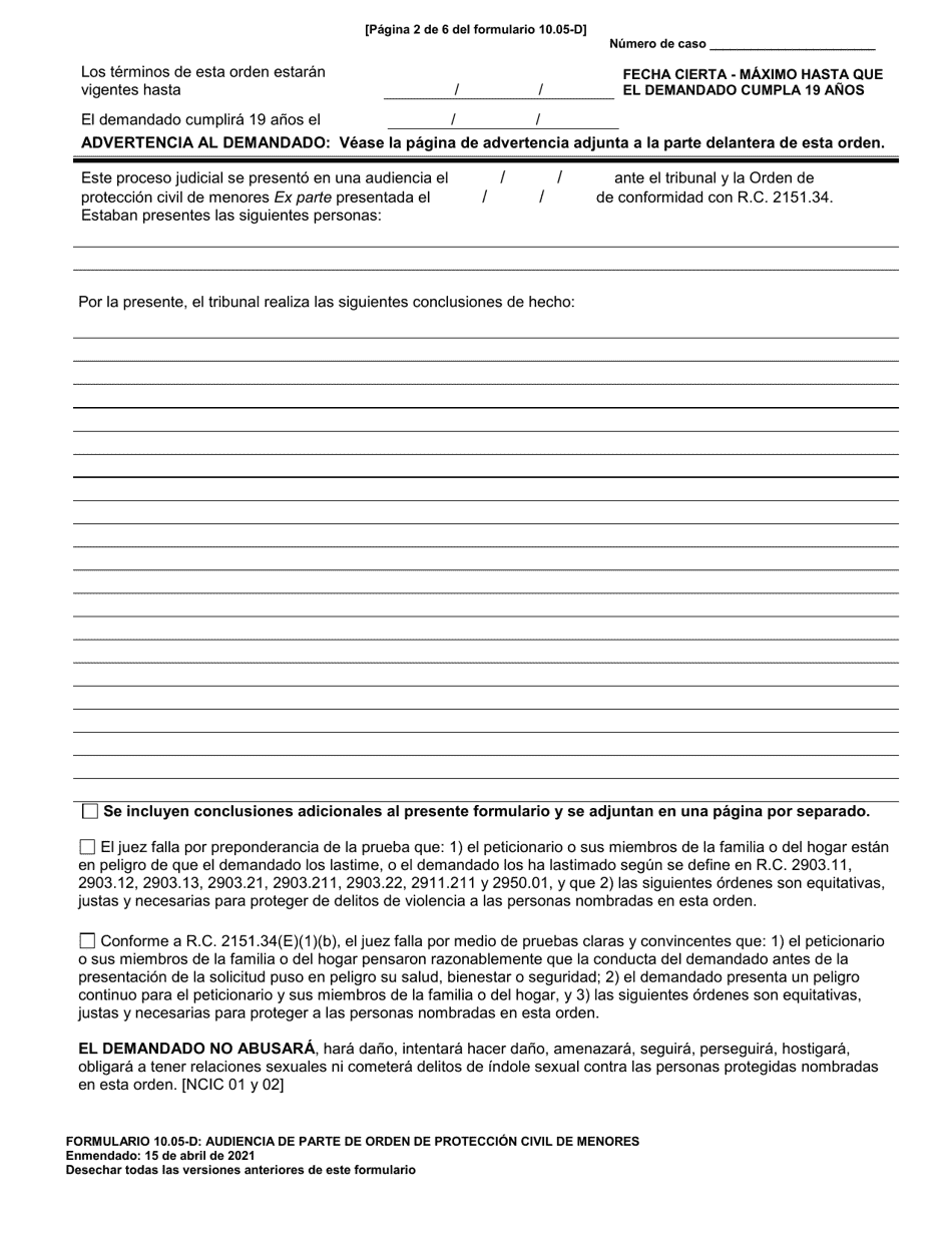 Formulario 10.05-D Audiencia De Parte De Orden De Proteccion Civil De Menores - Ohio (Spanish), Page 2