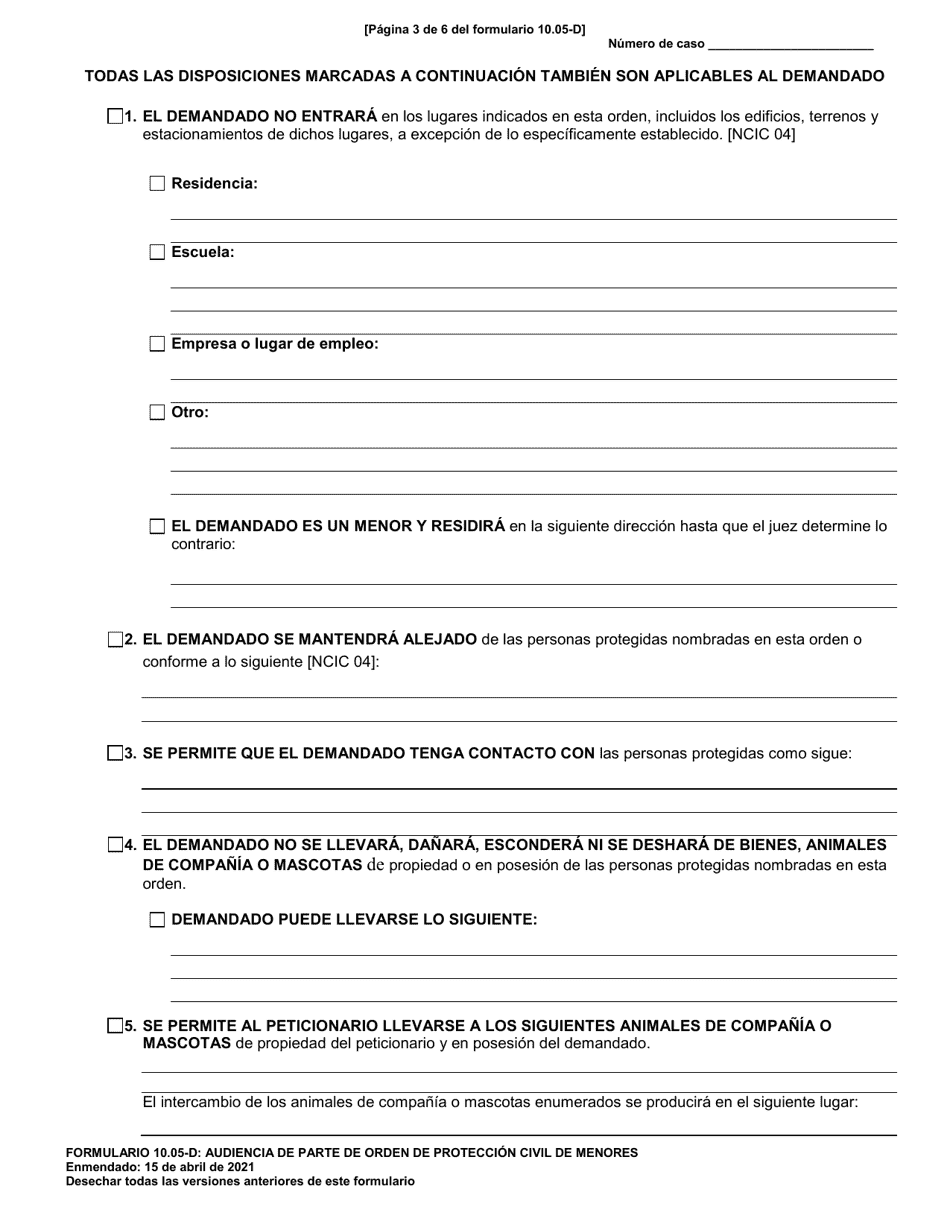 Formulario 10.05-D Audiencia De Parte De Orden De Proteccion Civil De Menores - Ohio (Spanish), Page 3