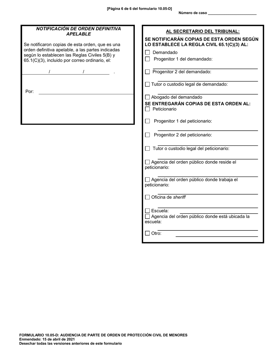 Formulario 10.05-D Audiencia De Parte De Orden De Proteccion Civil De Menores - Ohio (Spanish), Page 6
