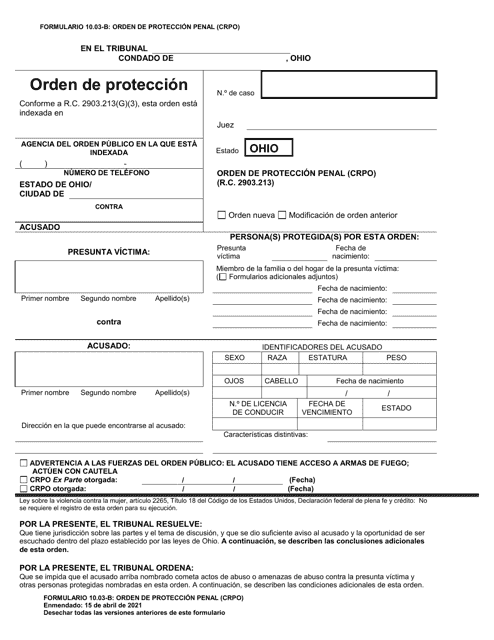 Formulario 10.03-B Orden De Proteccion Penal (Crpo) - Ohio (Spanish)