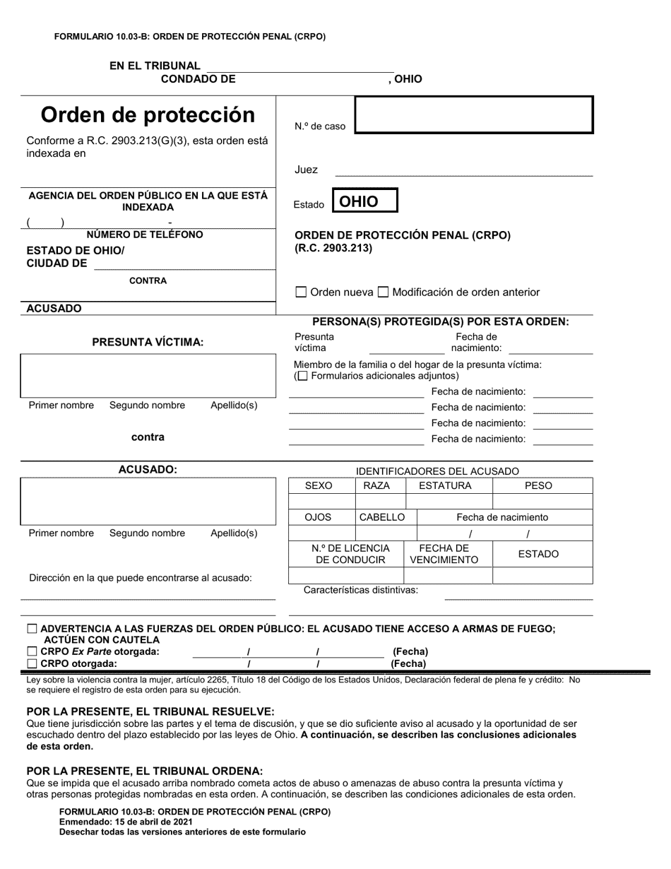 Formulario 10.03-B Orden De Proteccion Penal (Crpo) - Ohio (Spanish), Page 1