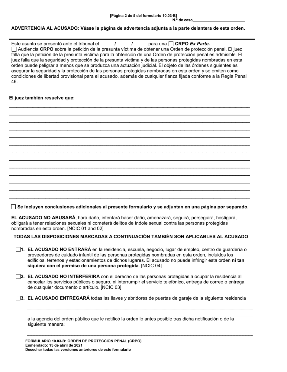Formulario 10.03-B Orden De Proteccion Penal (Crpo) - Ohio (Spanish), Page 2