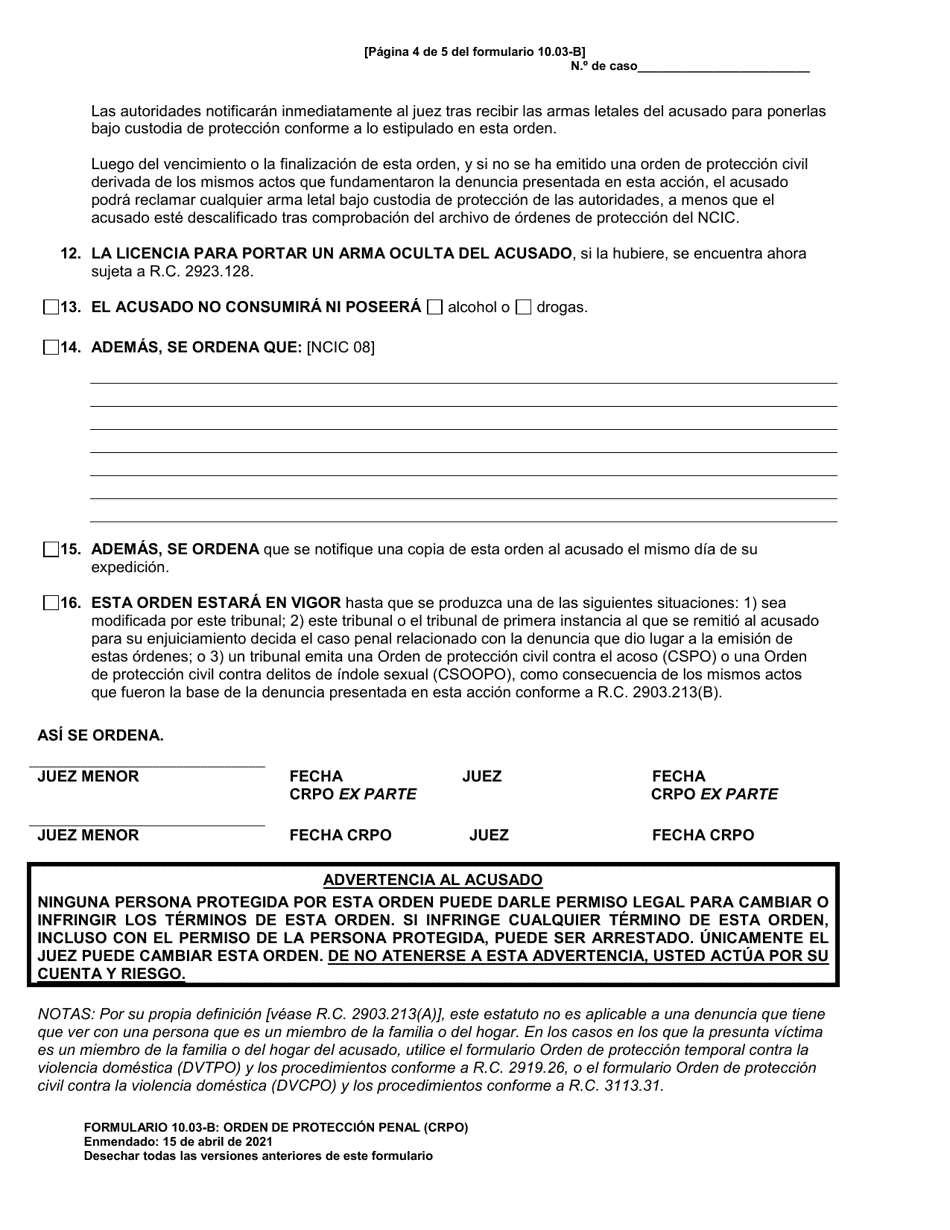 Formulario 10.03-B Orden De Proteccion Penal (Crpo) - Ohio (Spanish), Page 4