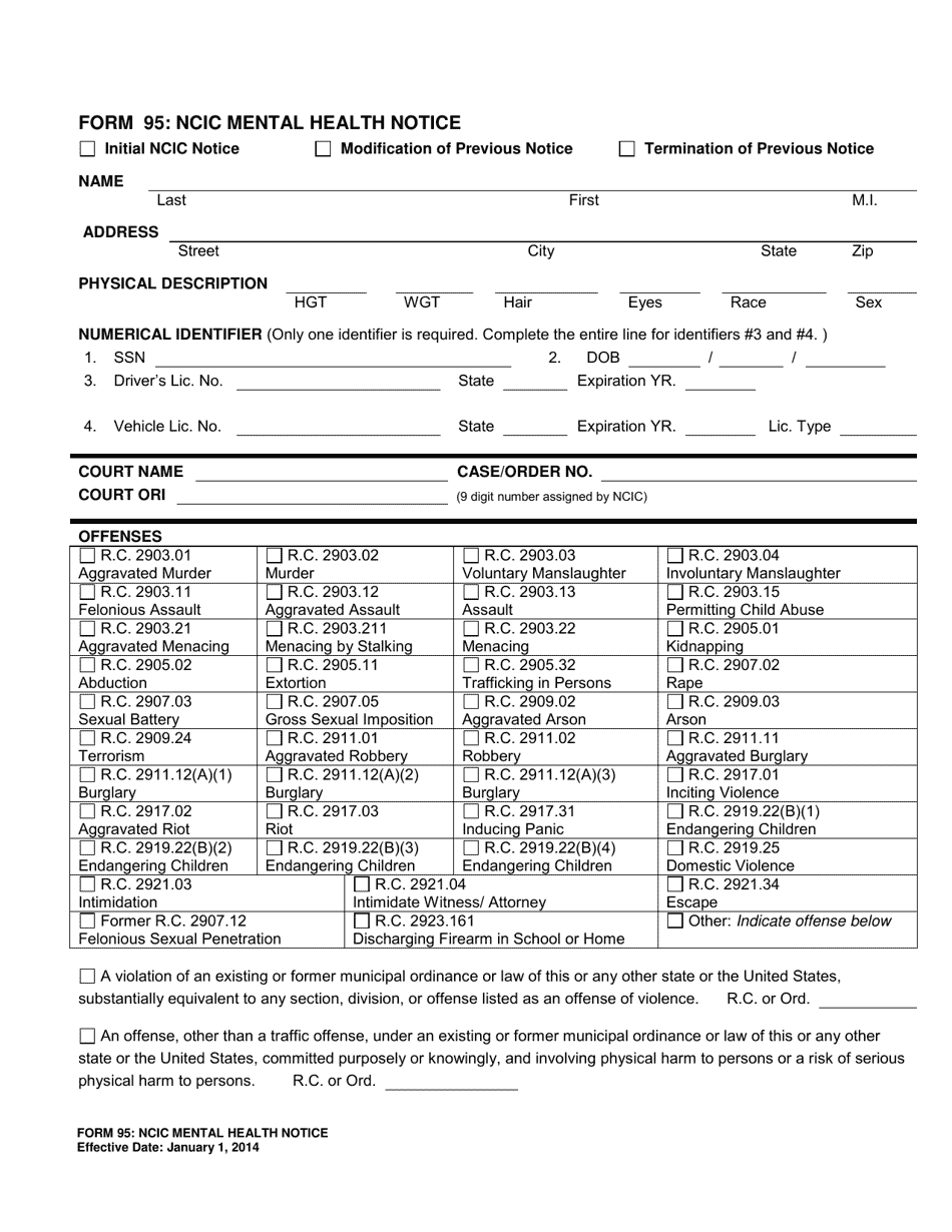 Form 95 Ncic Mental Health Notice - Ohio, Page 1