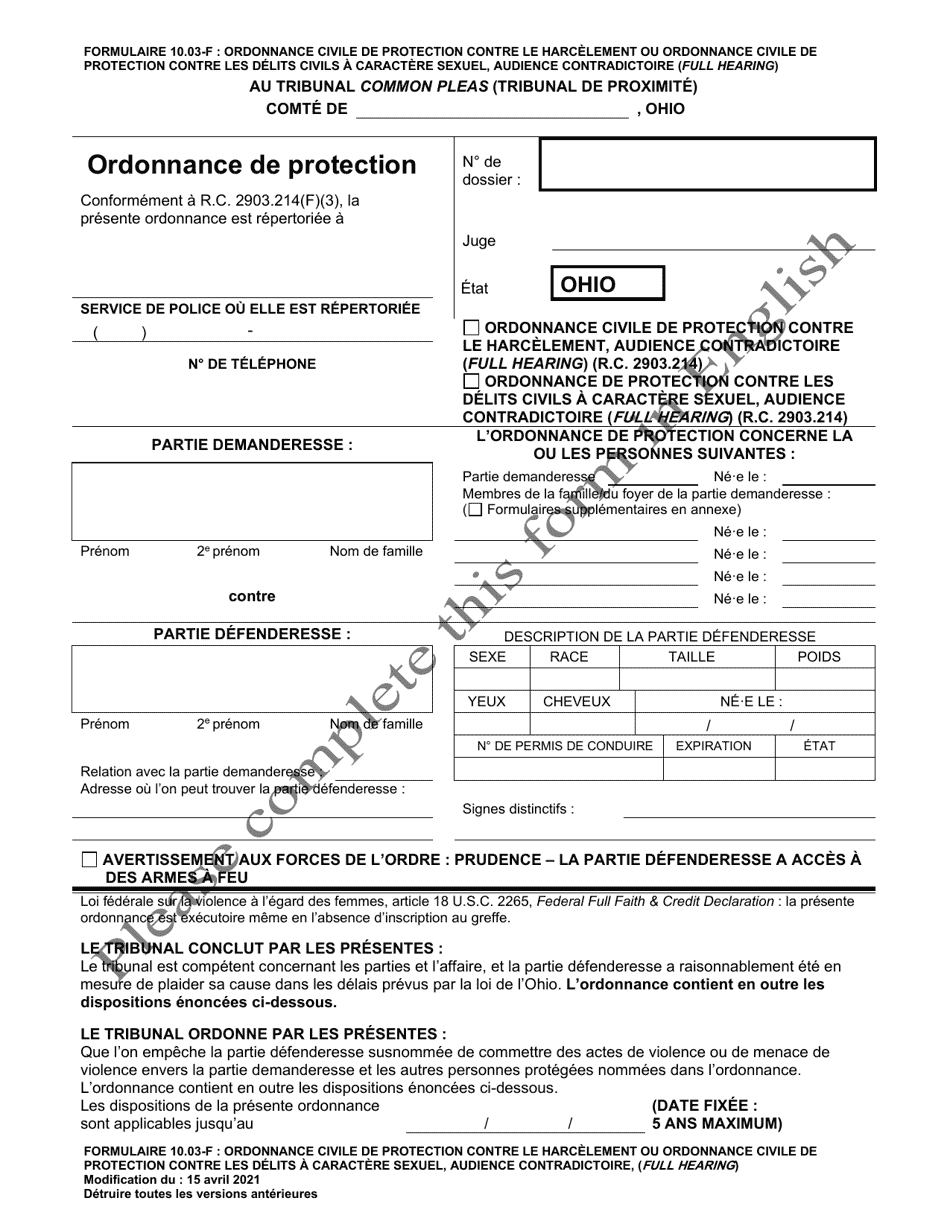 Form 10.03-F Civil Stalking Protection Order or Civil Sexually Oriented Offense Protection Order Full Hearing - Ohio (French), Page 1