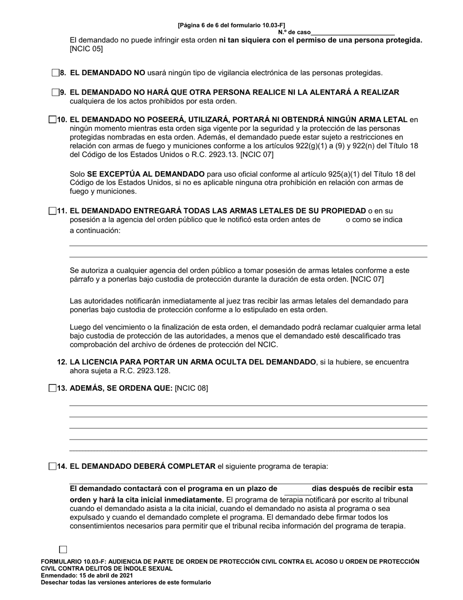 Formulario 10.03-F Audiencia De Parte De Orden De Proteccion Civil Contra El Acoso U Orden De Proteccion Civil Contra Delitos De Indole Sexual - Ohio (Spanish), Page 4