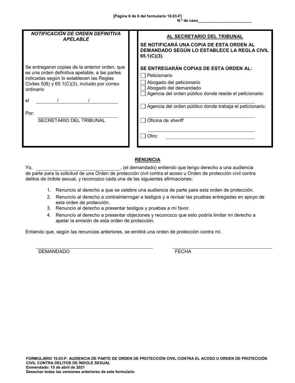 Formulario 10.03-F Audiencia De Parte De Orden De Proteccion Civil Contra El Acoso U Orden De Proteccion Civil Contra Delitos De Indole Sexual - Ohio (Spanish), Page 6