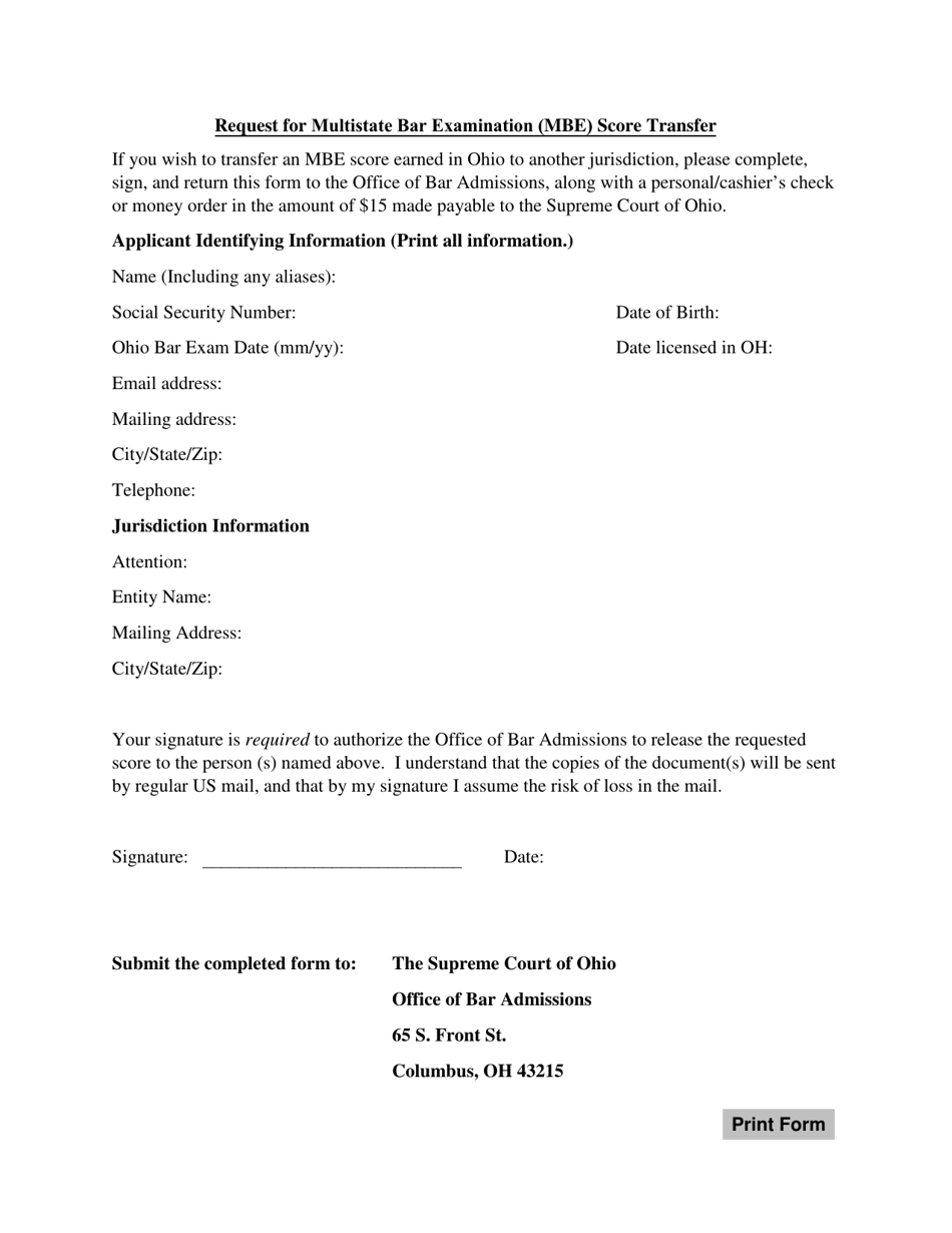 Request for Multistate Bar Examination (Mbe) Score Transfer - Ohio, Page 1