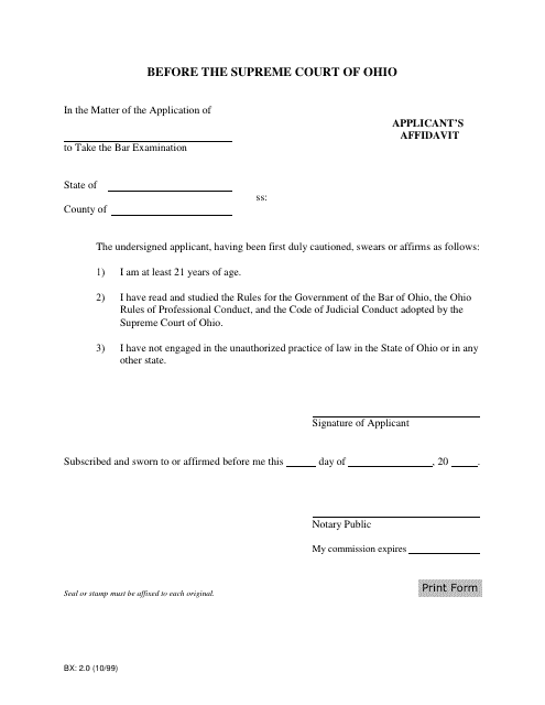 Form BX:2.0 Applicant's Affidavit for Application to Take the Bar Examination - Ohio