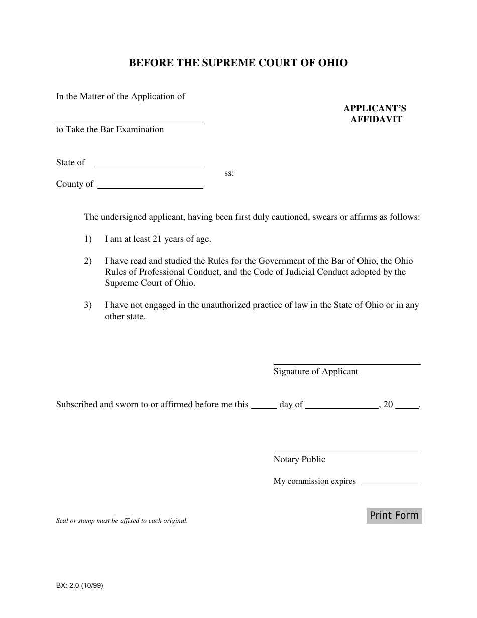 Form BX:2.0 Applicants Affidavit for Application to Take the Bar Examination - Ohio, Page 1