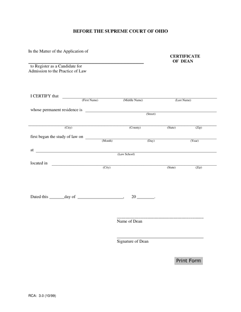 Form RCA:3.0 Certificate of Dean - Ohio