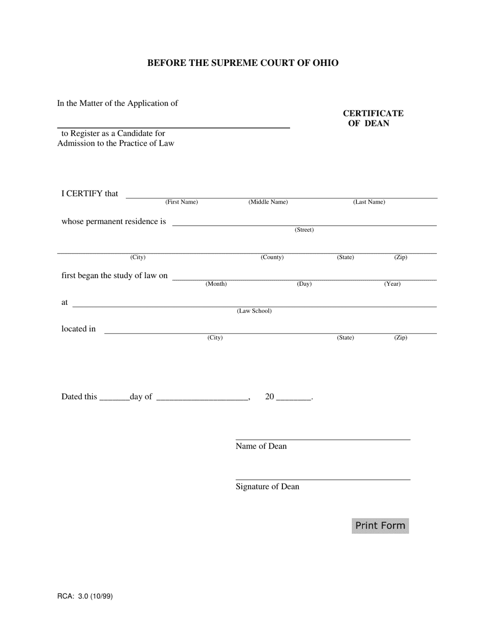 Form RCA:3.0 Certificate of Dean - Ohio, Page 1