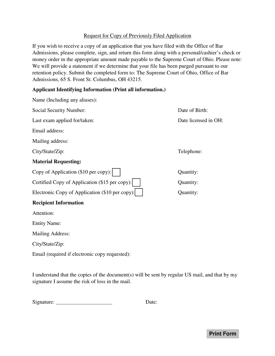 Ohio Request for Copy of Previously Filed Application Fill Out, Sign Online and Download PDF