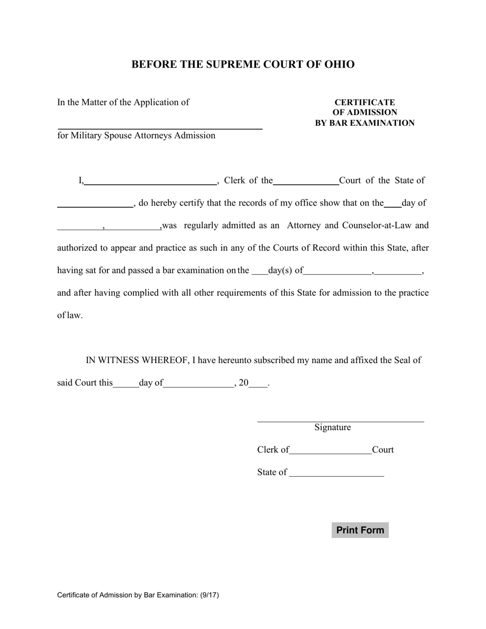 Certificate of Admission by Bar Examination - Ohio, Page 1
