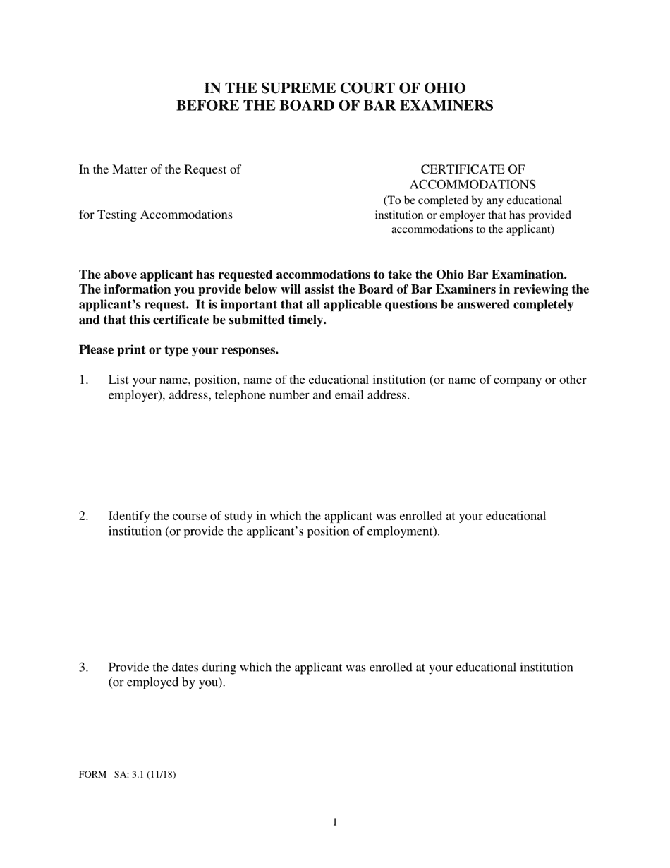 Form SA:3.1 Certificate of Accommodations - Ohio, Page 1