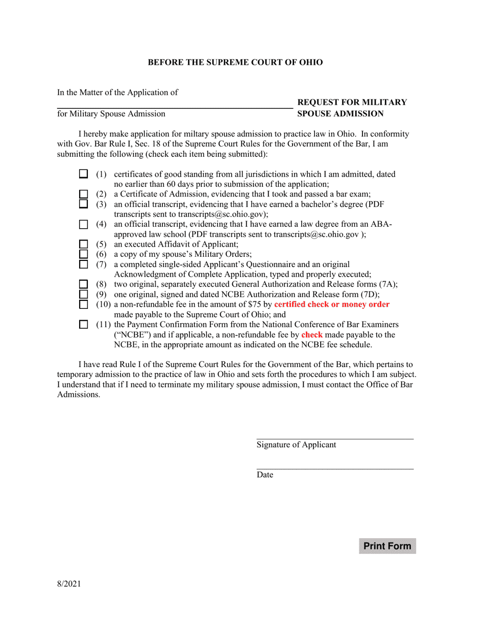 Request for Military Spouse Admission - Ohio, Page 1