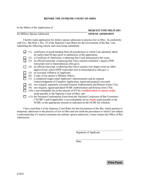 Request for Military Spouse Admission - Ohio Download Pdf