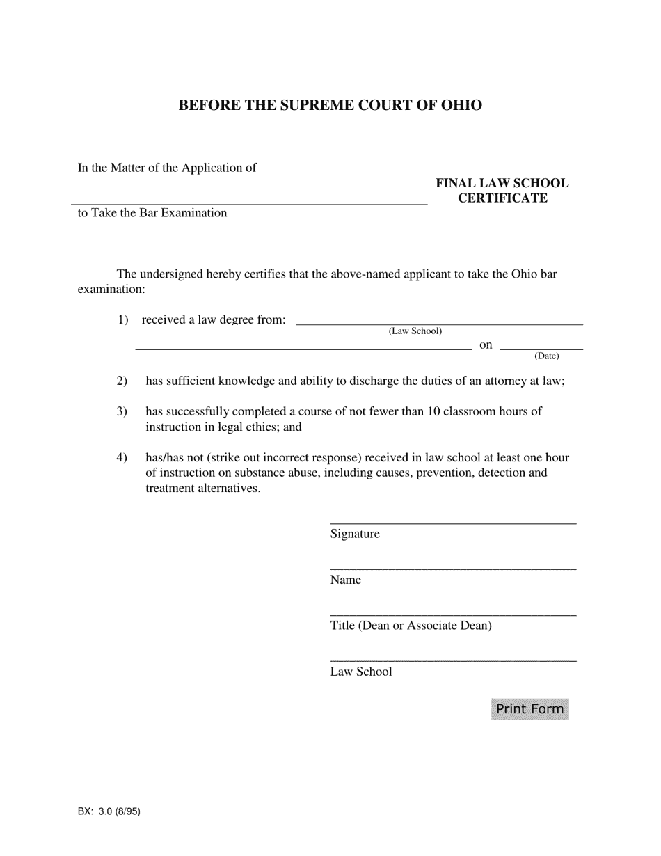 Form BX:3.0 Final Law School Certificate - Ohio, Page 1