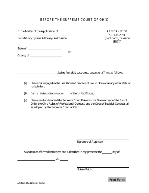 Military Spouse Attorneys Admission Affidavit of Applicant - Ohio Download Pdf