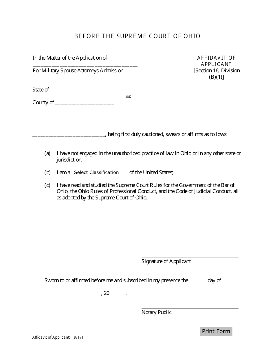 Military Spouse Attorneys Admission Affidavit of Applicant - Ohio, Page 1