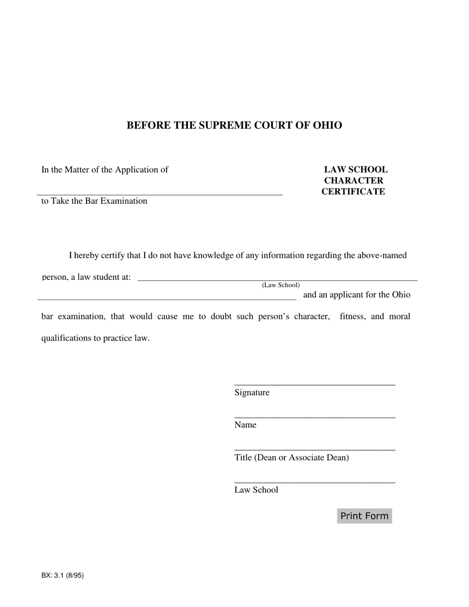 Form BX:3.1 Law School Character Certificate - Ohio, Page 1