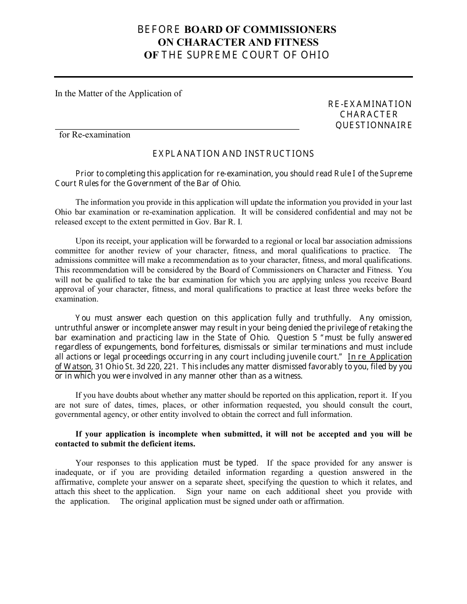 Ohio Reexamination Character Questionnaire Fill Out, Sign Online and
