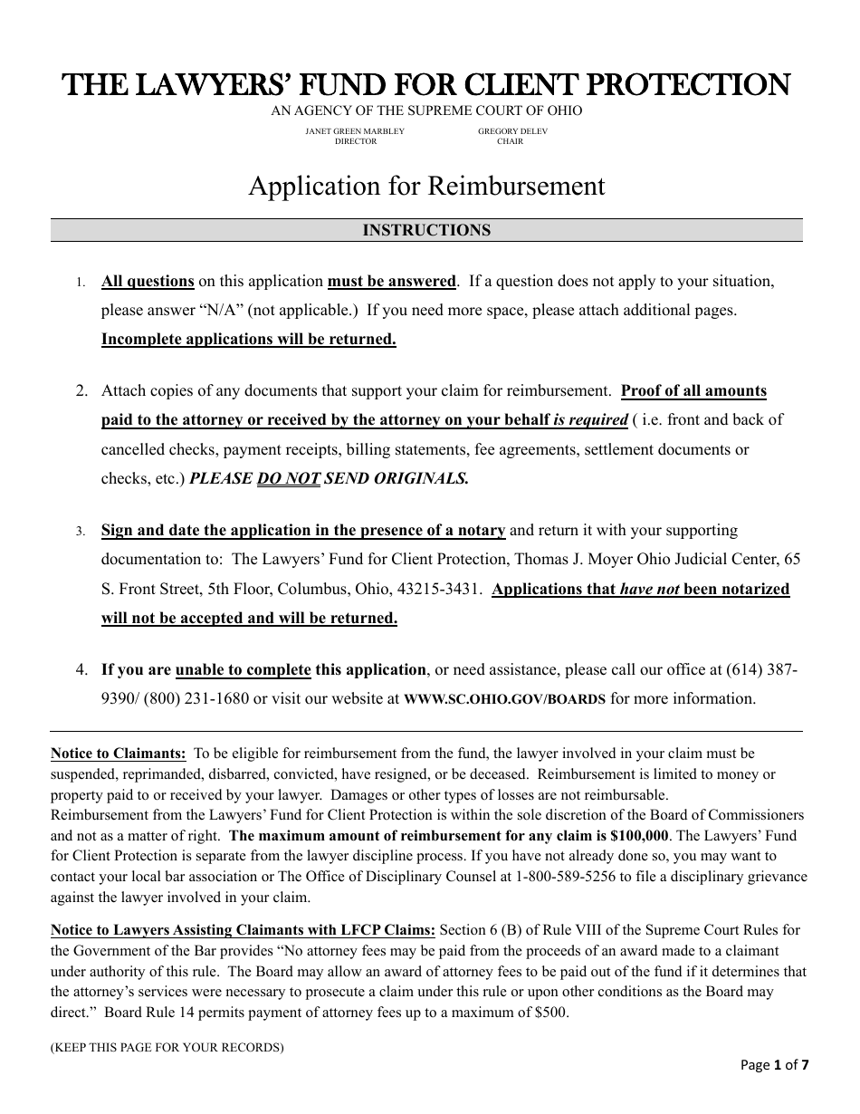 Application for Reimbursement - Lawyers Fund for Client Protection - Ohio, Page 1