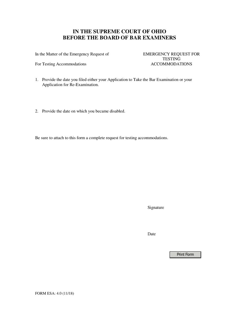 Form ESA:4.0 Emergency Request for Testing Accommodations - Ohio, Page 1