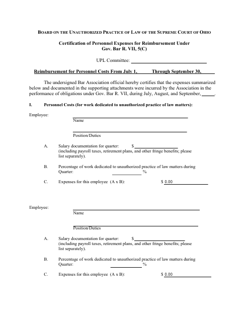 Certification of Personnel Expenses for Reimbursement Under Gov. Bar R. VII, 5(C) - Third Quarter - Ohio