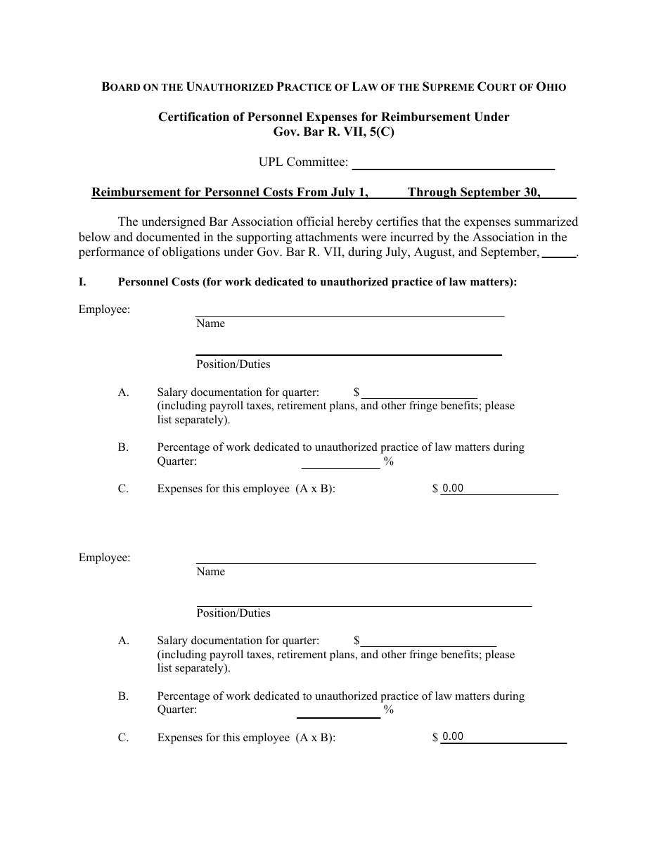 Certification of Personnel Expenses for Reimbursement Under Gov. Bar R. VII, 5(C) - Third Quarter - Ohio, Page 1