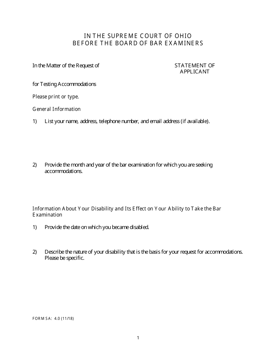 Form SA:4.0 Statement of Applicant - Ohio, Page 1