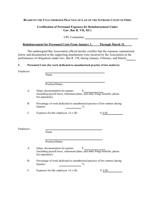 Certification of Personnel Expenses for Reimbursement Under Gov. Bar R. VII, 5(C) - First Quarter - Ohio Download Pdf