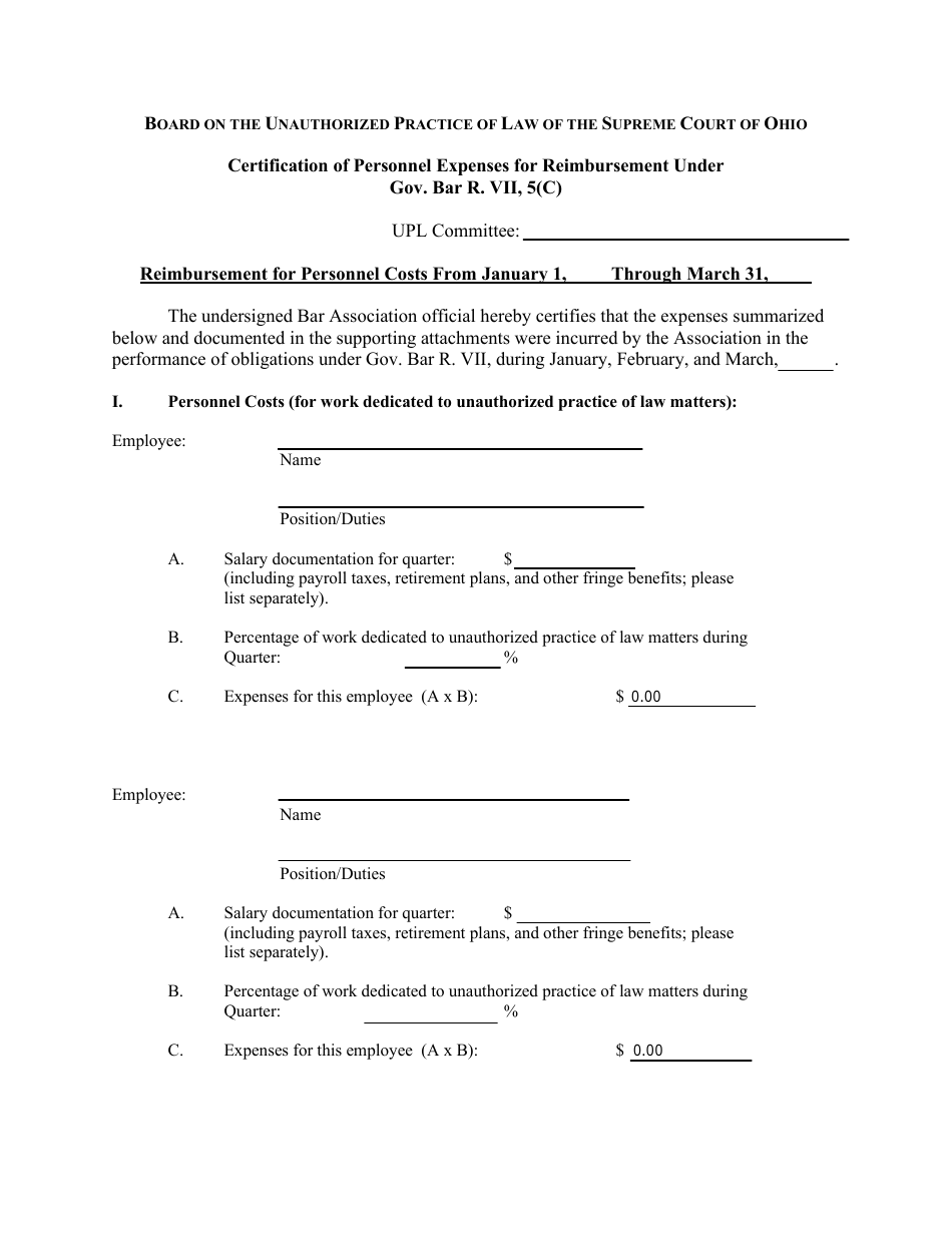 Certification of Personnel Expenses for Reimbursement Under Gov. Bar R. VII, 5(C) - First Quarter - Ohio, Page 1