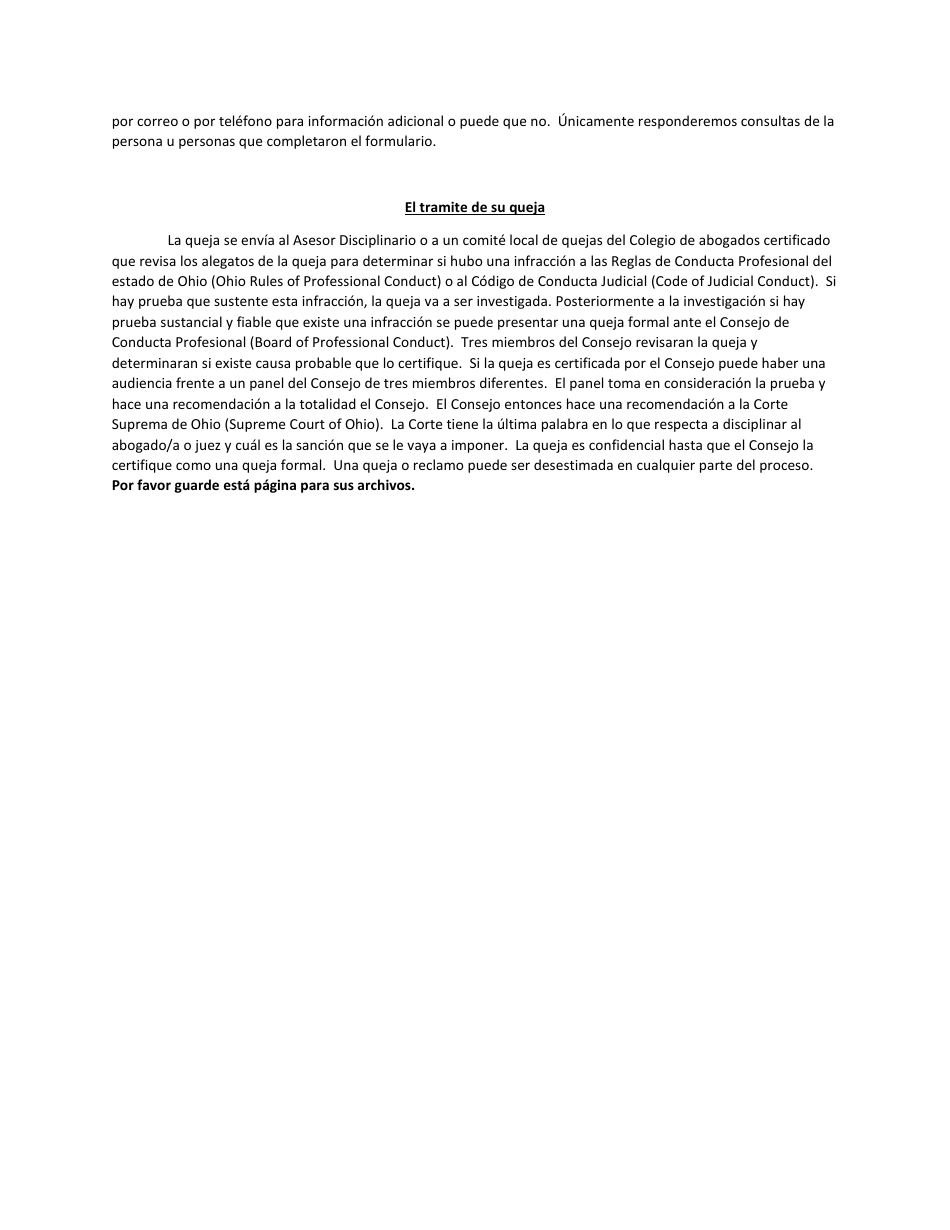 Formulario De La Queja - Ohio (Spanish), Page 2