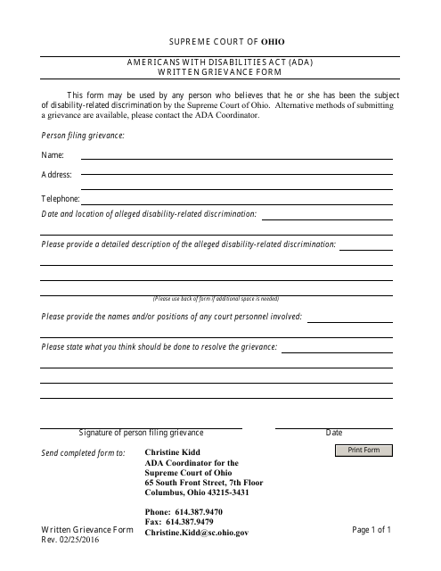 Americans With Disabilities Act (Ada) Written Grievance Form - Ohio Download Pdf