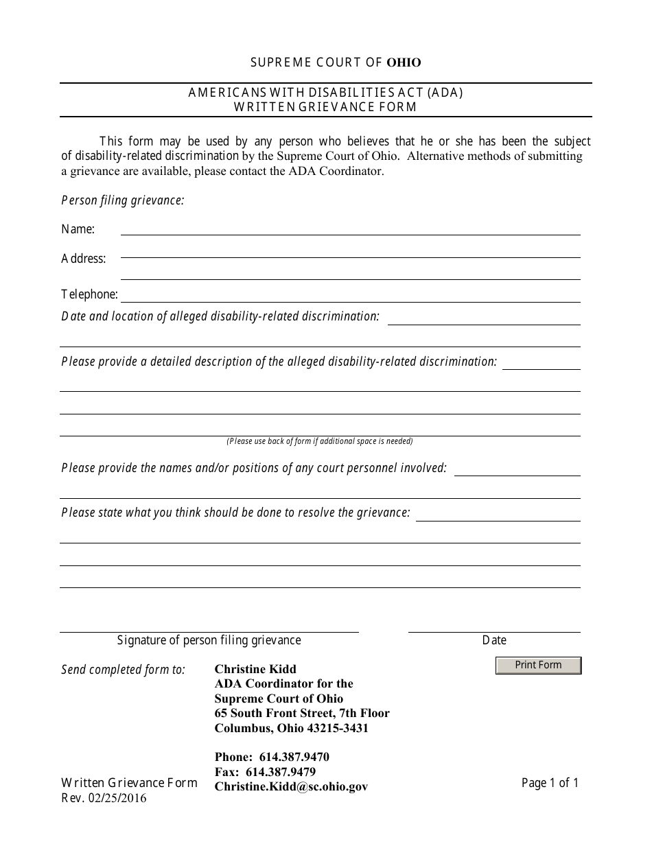 Americans With Disabilities Act (Ada) Written Grievance Form - Ohio, Page 1