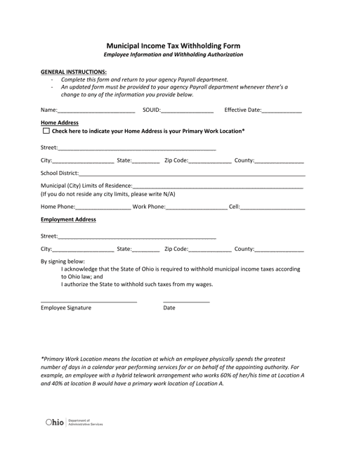 Municipal Income Tax Withholding Form - Ohio Download Pdf