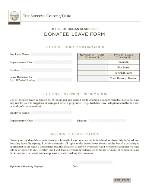 Donated Leave Form - Ohio Download Pdf