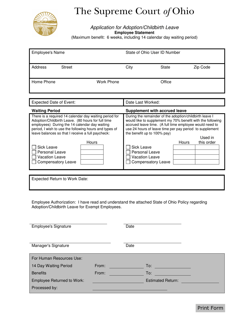 Application for Adoption / Childbirth Leave - Ohio, Page 1