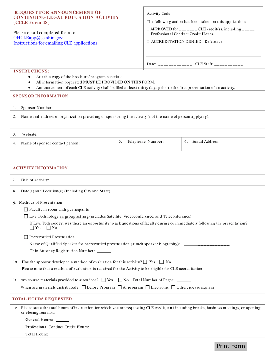CCLE Form 18 Request for Announcement of Continuing Legal Education Activity - Ohio, Page 1