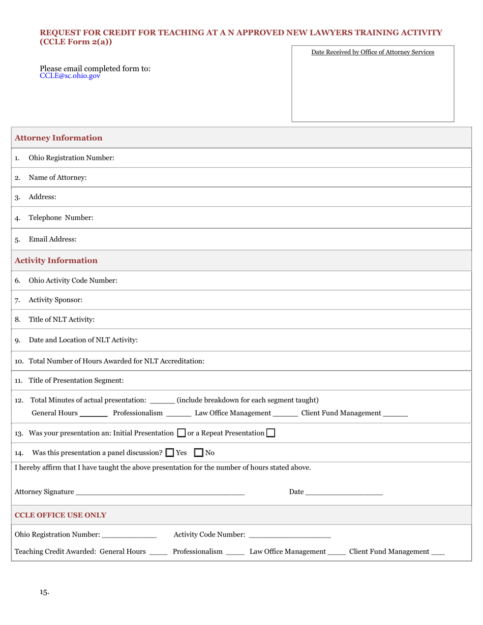 CCLE Form 2(A) Request for Credit for Teaching at a N Approved New Lawyers Training Activity - Ohio, Page 1