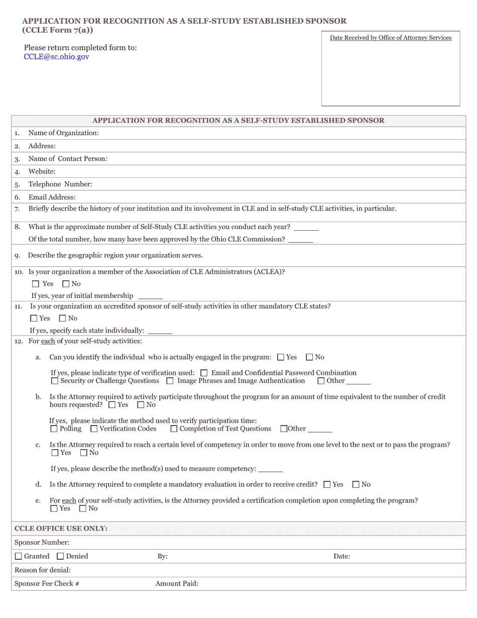CCLE Form 7(A) Application for Recognition as a Self-study Established Sponsor - Ohio, Page 1