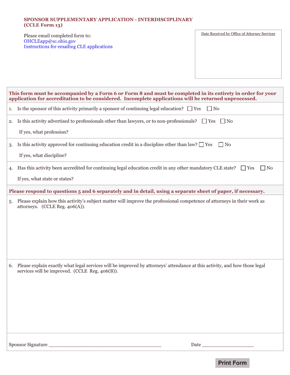 CCLE Form 13 Sponsor Supplementary Application - Interdisciplinary - Ohio, Page 1