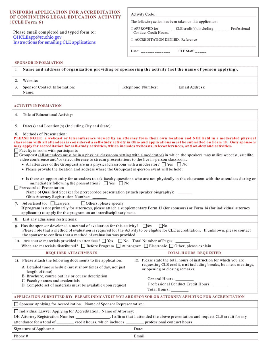CCLE Form 6 Uniform Application for Accreditation of Continuing Legal Education Activity - Ohio, Page 1