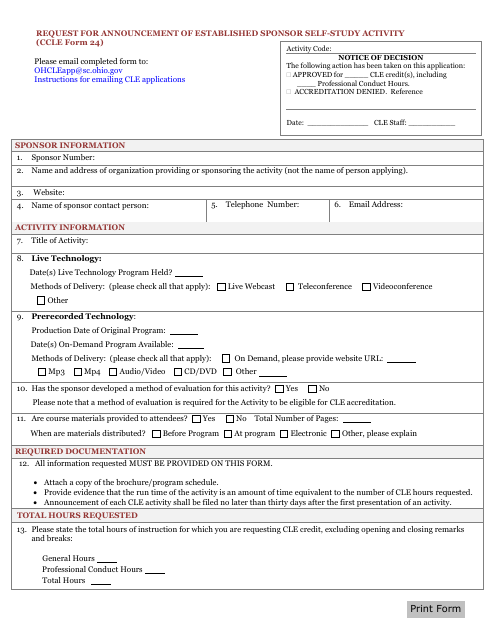 CCLE Form 24 Request for Announcement of Established Sponsor Self-study Activity - Ohio