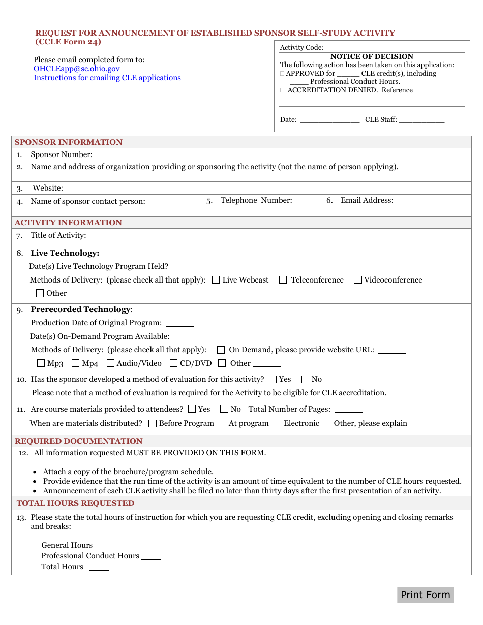 CCLE Form 24 Request for Announcement of Established Sponsor Self-study Activity - Ohio, Page 1