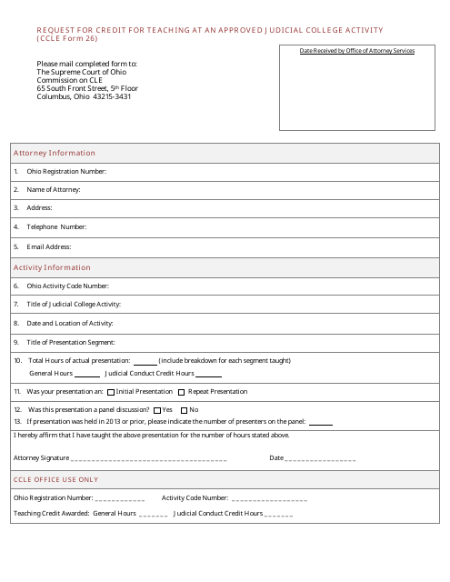 CCLE Form 26 Request for Credit for Teaching at an Approved Judicial College Activity - Ohio