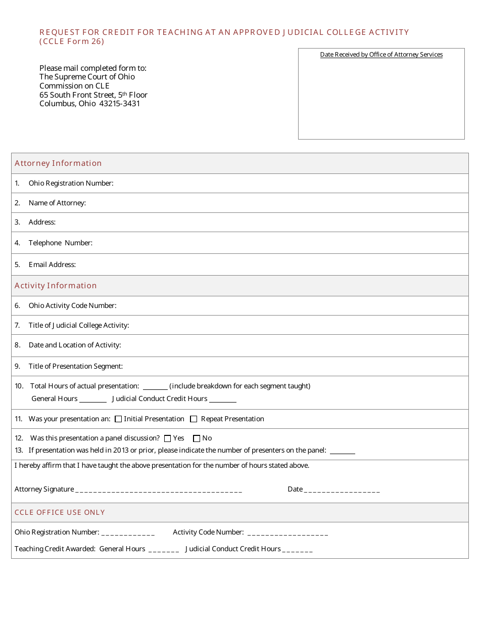 CCLE Form 26 Request for Credit for Teaching at an Approved Judicial College Activity - Ohio, Page 1