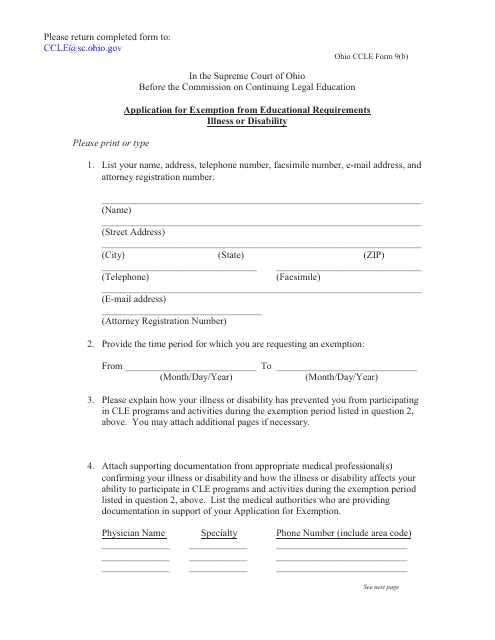 CCLE Form 9(B) Application for Exemption From Educational Requirements Illness or Disability - Ohio